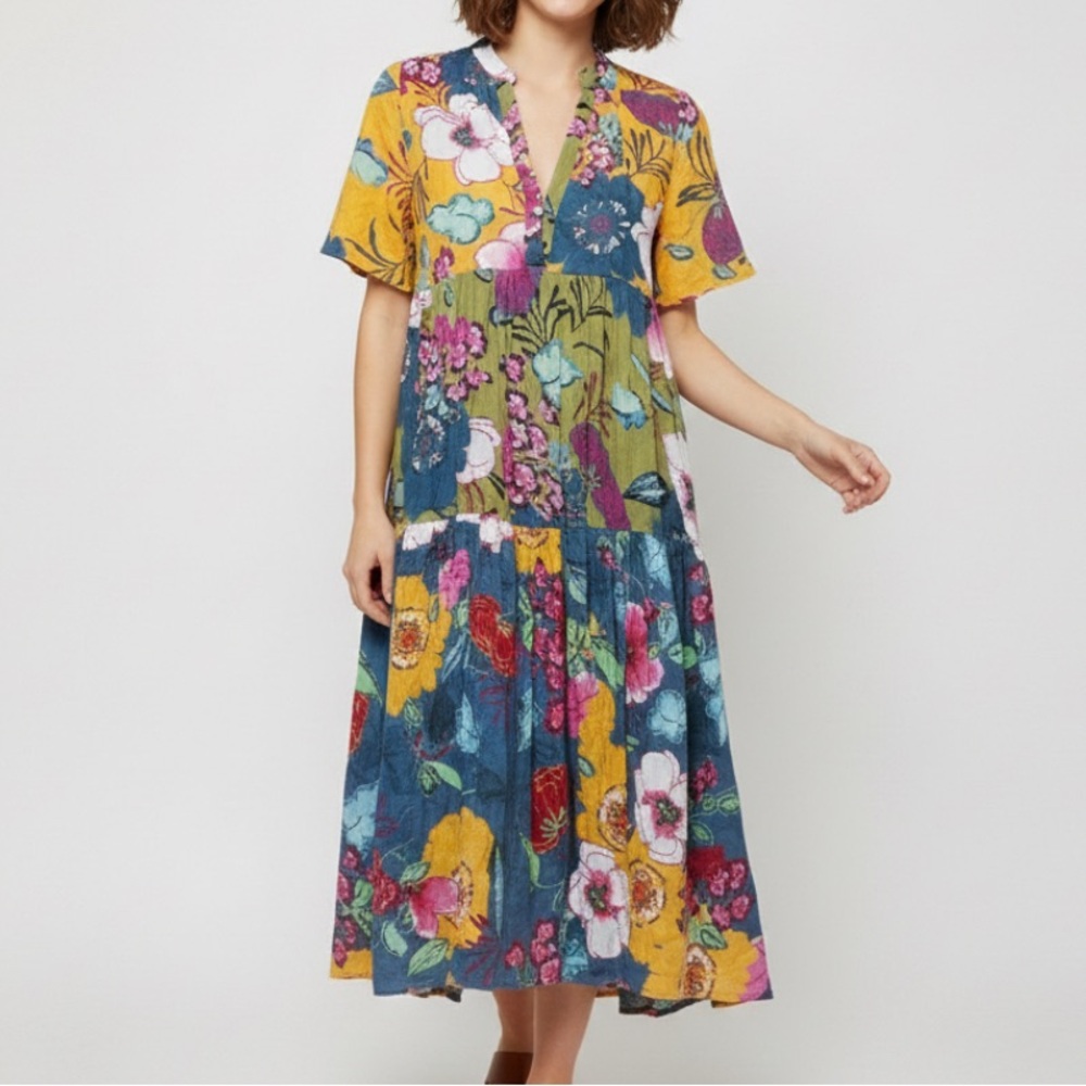 Anthropologie Floral Patchwork Tiered Midi Maxi Dress Cotton V-Neck Boho NWT XXS